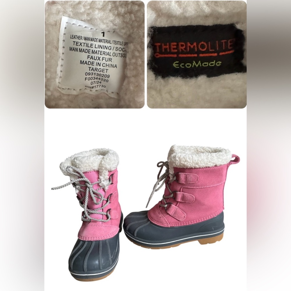 Cat & Jack Pink Kids Winter Snow Boots Waterproof, Lace Up, Girls size 1